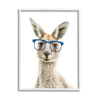 Kenguru u plavim hipsterskim naočalama, slikanje životinja i insekata u bijelom okviru, umjetnički ispis na zidu