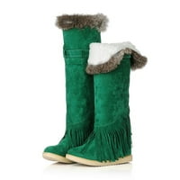 Ženske zimske čizme za snijeg; zimske prozračne Ravne čizme s retro resicama od antilopa; modne cipele do bedara;