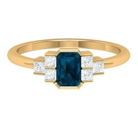 Smaragd je izrezan londonski plavi topaz prsten s moissanitom za žene, 14k žuto zlato, američki 10,50