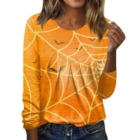 Bazyrey džemperi za Halloween za žene Halloween print dugi rukav okrugli vrat pulover gornja bluza žuta m