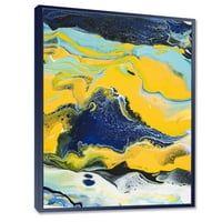 Apstraktna mramorna kompozicija u plavim i žutim tonovima, uokvirena slika, umjetnički tisak na platnu
